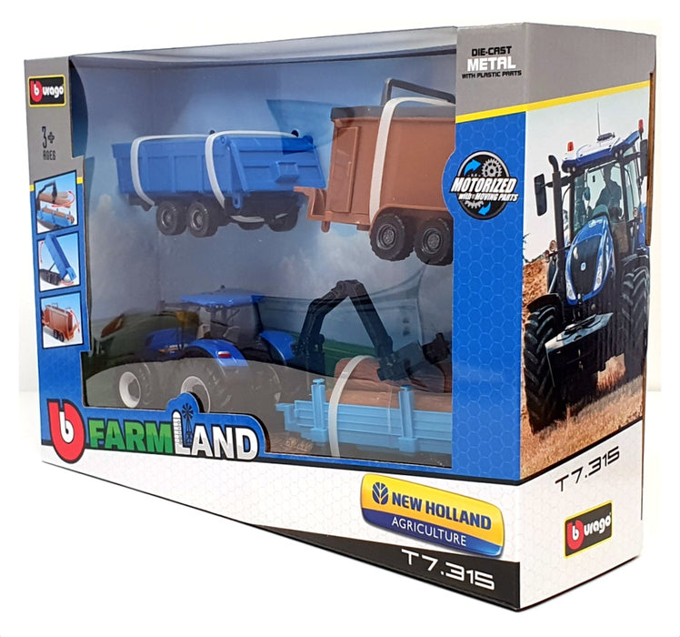 Burago 1/50 Scale 18-31668NH - New Holland Tractor T7.315 & 3 Trailers