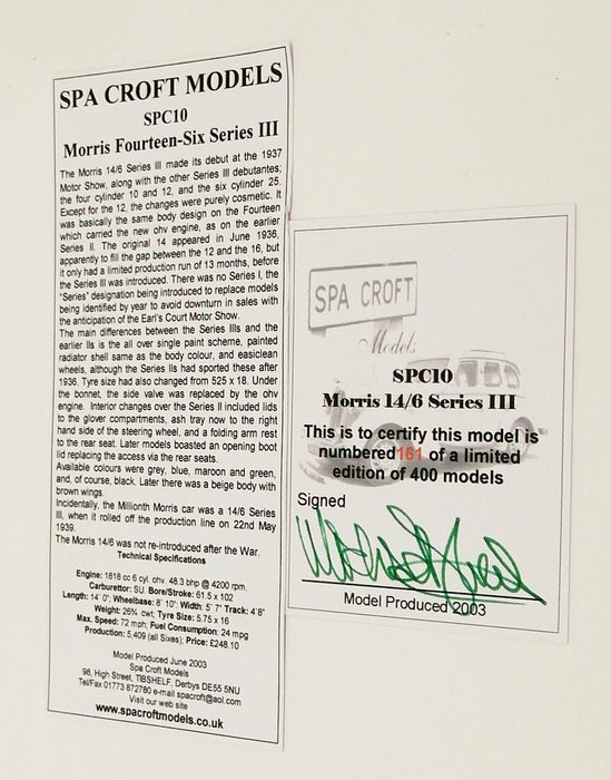 Spa Croft Models 1/43 Scale SPC10 - 1937-39 Morris 14/6 Series III - Blue