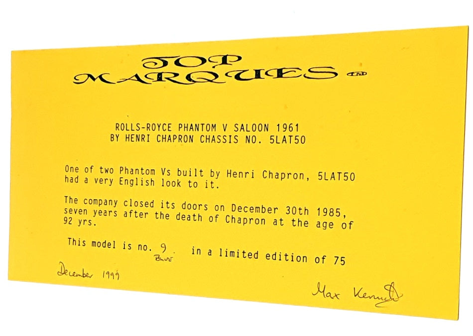 Top Marques Gold Series 1/43 Scale GS16 - 1961 Rolls Royce Phantom V - 1 of 75