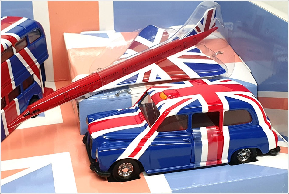 Corgi CC99184 - 3 Piece Harrods Union Jack Set - Bus Taxi & Concorde Aircraft