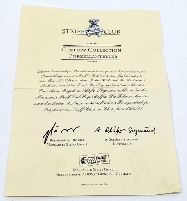 Margarete Steiff 20cm Wide MS3 - Steiff Club Century Collection 1996 /1997 Plate