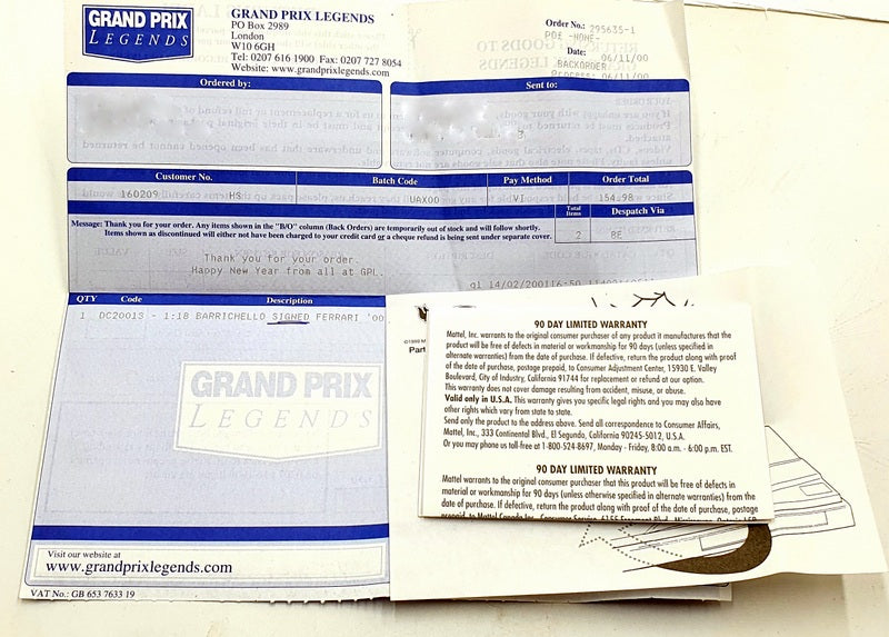 Hot Wheels 1/18 Scale diecast - 26738 Ferrari F1-2000 Rubens Barrichello