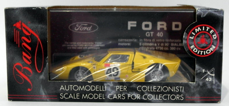 Bang Models 1/43 Scale Diecast 1009 - Ford GT40 #49 Sportitalia Team - Yellow