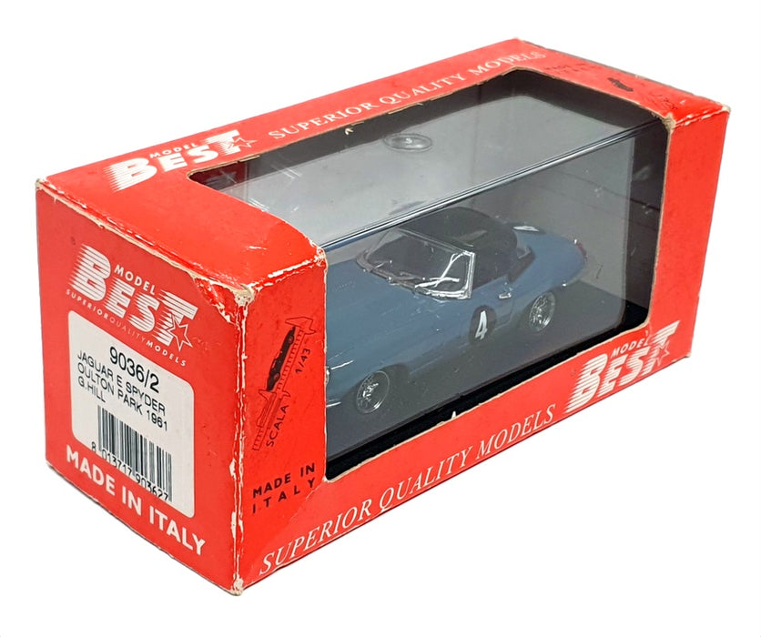 Best 1/43 Scale 9036/2 - Jaguar E Spyder Oultan Park1961 #4 G. Hill Blue