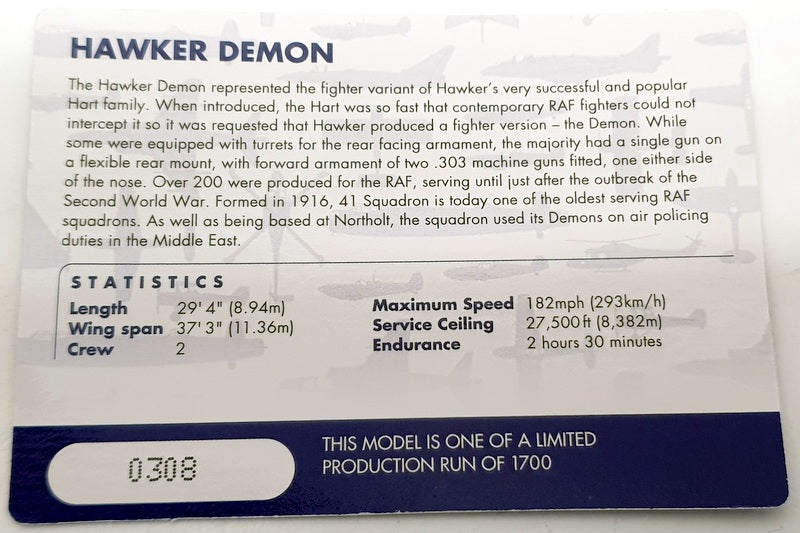 Corgi 1/72 Scale AA39602 - Hawker Demon K2905 41 Sqn C Flight RAF Northholt