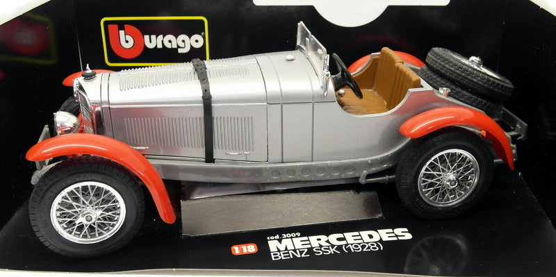 Burago 1/18 Scale Diecast 3009 Mercedes Benz SSK 1928 Silver Red Model Car