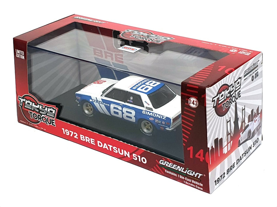 Greenlight 1/43 Scale 86346 - 1972 Bre Datsun 510 #68 Gregg - Blue/White
