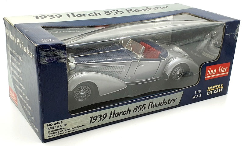 Sun Star 1/18 Scale Diecast 2403 - 1939 Horch 855 Roadster - Silver / Blue