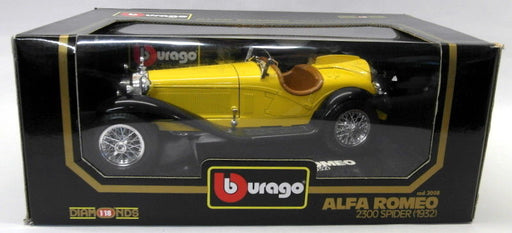 Burago 1/18 Scale Diecast 3008 Alfa Romeo 2300 Spider 1932 Yellow Black Model