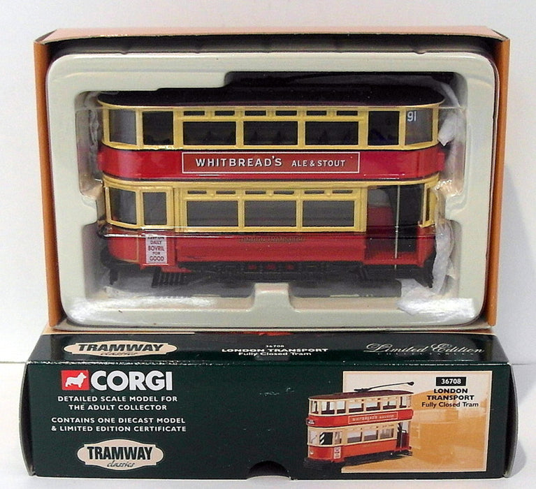 Corgi 1/76 Scale Diecast 36708 - London Transport Fully Closed Tram - Whitbreads