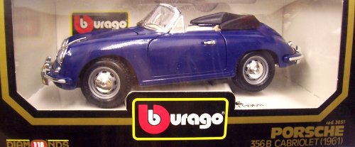Burago 1/18 Scale Diecast 3051 Porsche 356B Cabriolet 1961 Blue Model Car