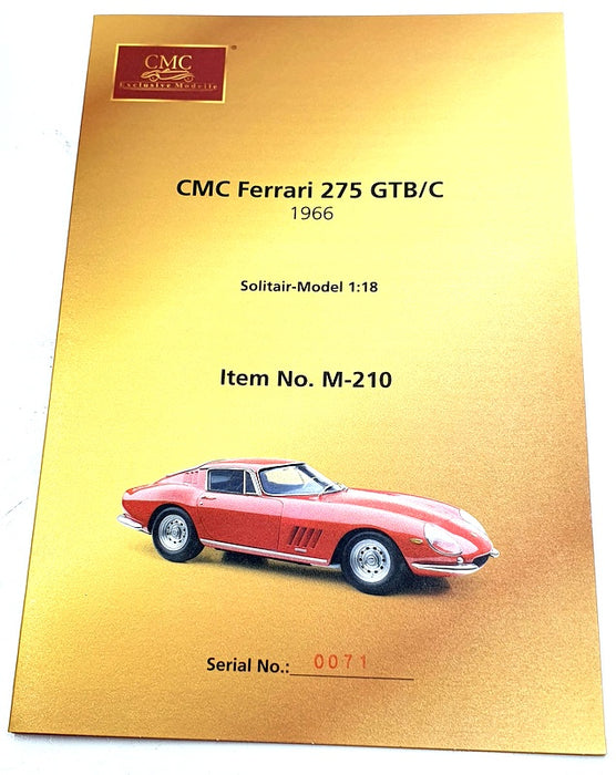 CMC 1/18 Scale Diecast M-210 - 1966 CMC Ferrari 275 GTB/C - Red